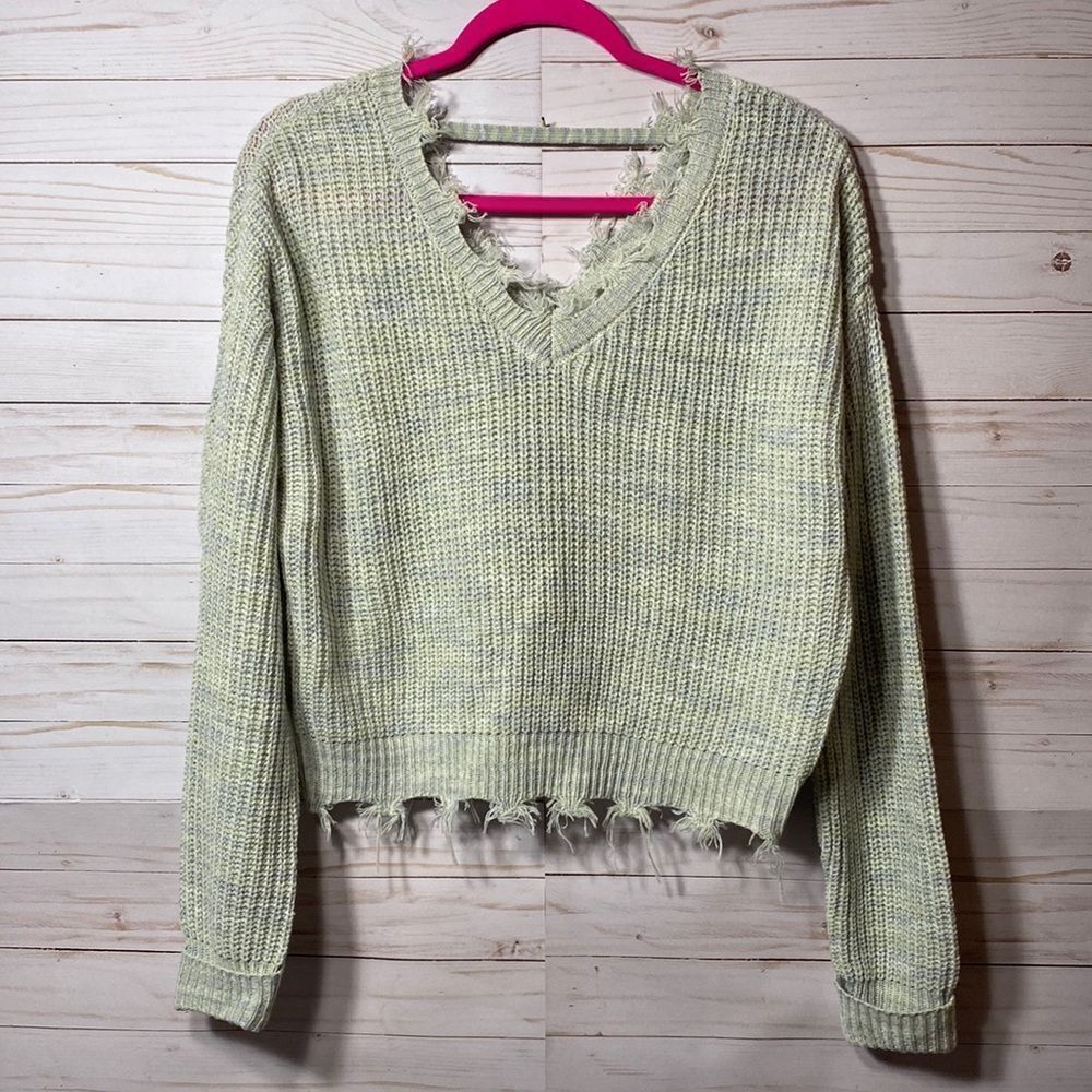 Cloud Chaser Cropped Distressed Raw Hem V Neck Sweater